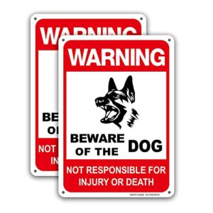dog warning signs beware of the dog aluminum warning sign not responsible for injury or death 10x7", 2 pack, uv protected and weatherproof, easy mounting, business, driveway alert