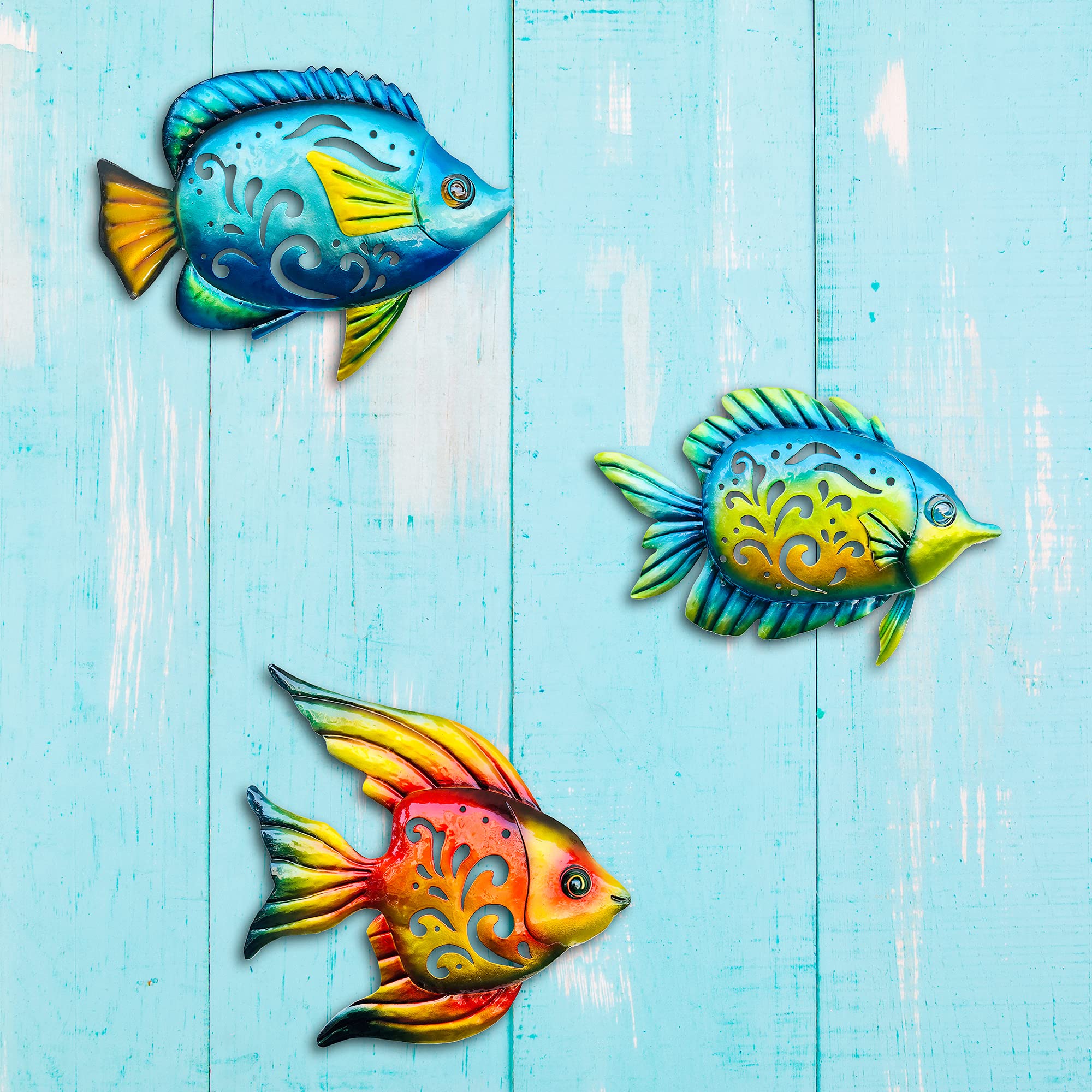 BVLFOOK Coastal Wall Decor, Ocean Sea Metal Fish Wall Decor, Hanging Wall Art Decoration for Indoor Outdoor, Beach Nautical Tropical Fish Wall Sculpture for Pool Bathroom Bedroom Patio