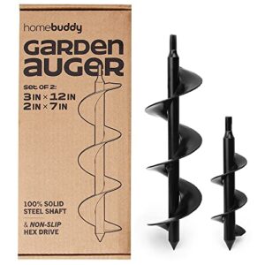 homebuddy garden auger drill bit set - 3x12 and 2x7 inch drill auger bit for planting, hole digging, sturdy bulb planter tool with non-slip hexagon chuck, spiral soil auger