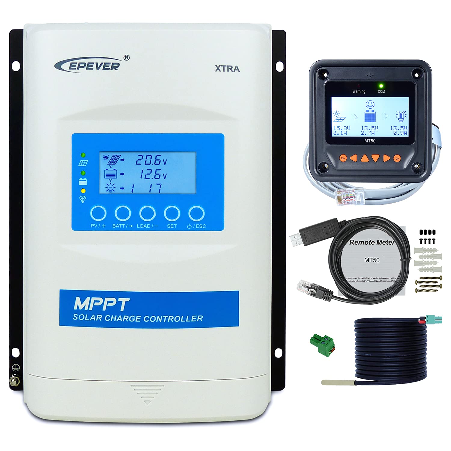 EPEVER MPPT Charge Controller 40A 12V/24V Max PV 100V XTRA4210N + MT50 + RTS + RS485 Cable for Solar Panel Charge Regulator fit for Lead-Acid & Lithium Types (MPPT 40A Kit)