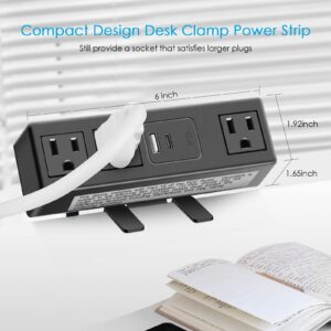 CCCEI Desk Clamp Power Strip with PD 3.0 Fast Charging USB C Port, on Desktop Mount Widely Spaced Outlet 6 FT Flat Plug, Fit 1.6 inch Tabletop Edge Thick, 125V 12A 1500W (Black)