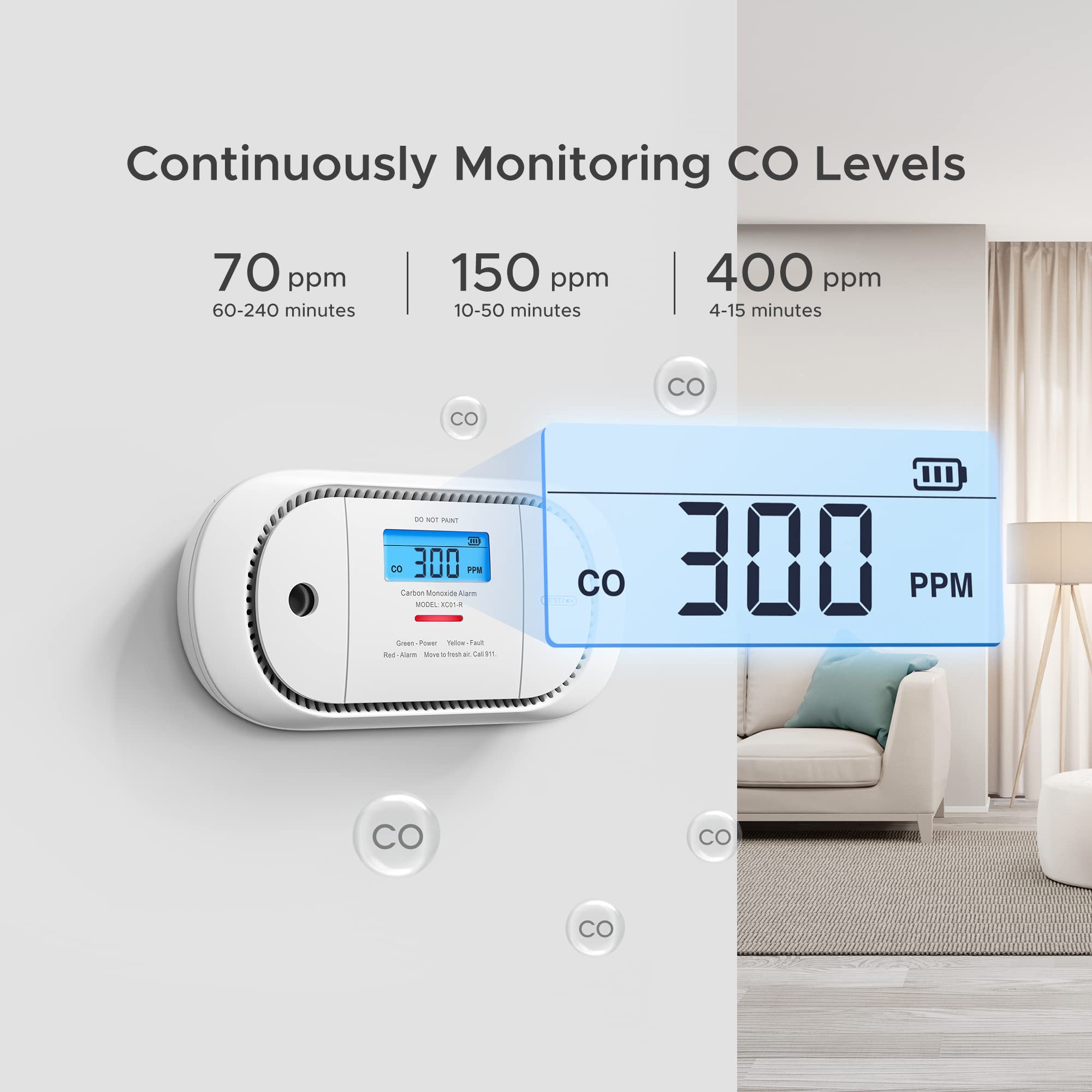 X-Sense Carbon Monoxide Detector Alarm with Digital LCD Display, Replaceable Battery CO Alarm Detector with Peak Value Memory, XC01-R