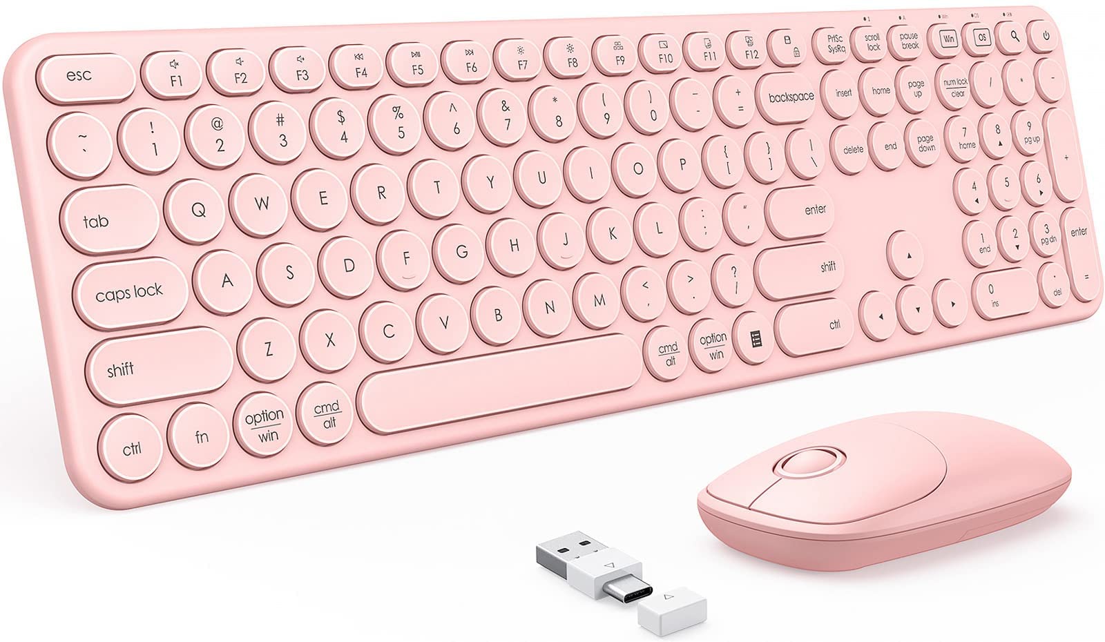 PEIOUS Wireless Keyboard and Mouse Combo, Cute Rose Gold Keyboard with USB and Type C Receiver, Round Keys, Compatible with MacBook, Windows 7/8/10, Laptops (Pink)