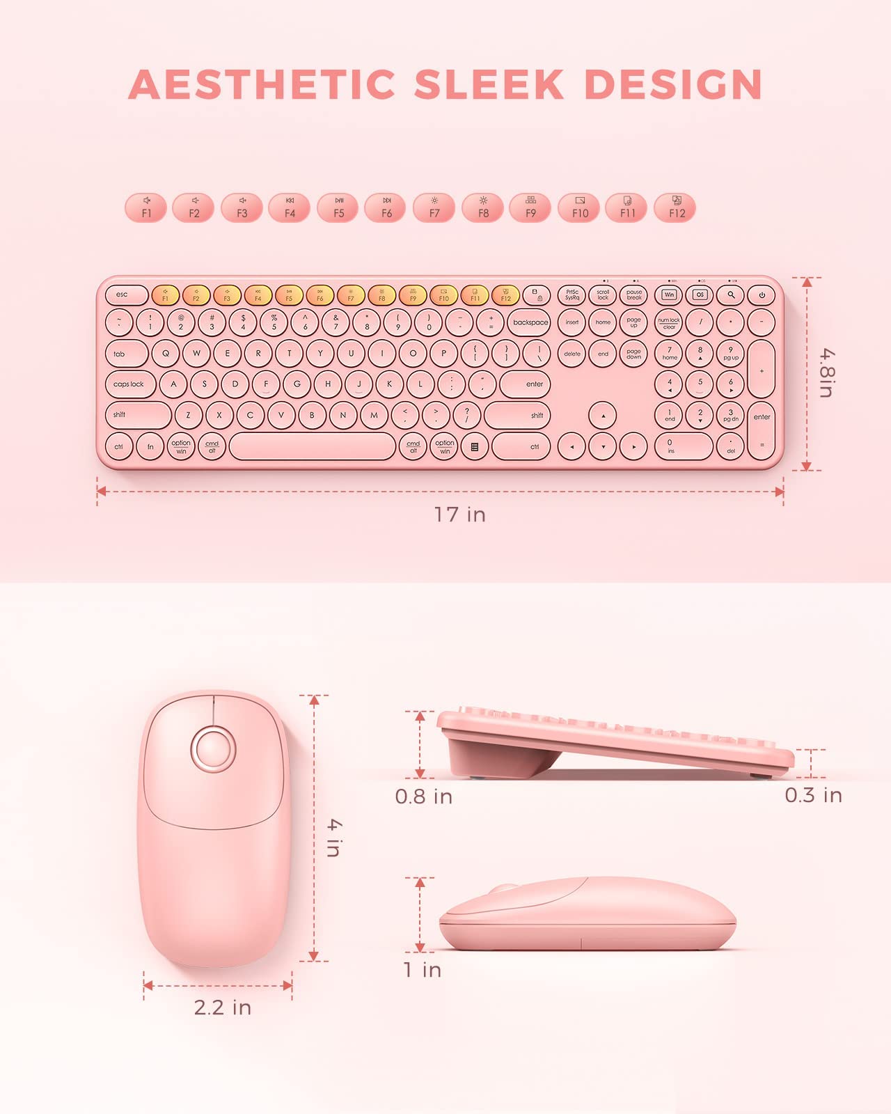 PEIOUS Wireless Keyboard and Mouse Combo, Cute Rose Gold Keyboard with USB and Type C Receiver, Round Keys, Compatible with MacBook, Windows 7/8/10, Laptops (Pink)