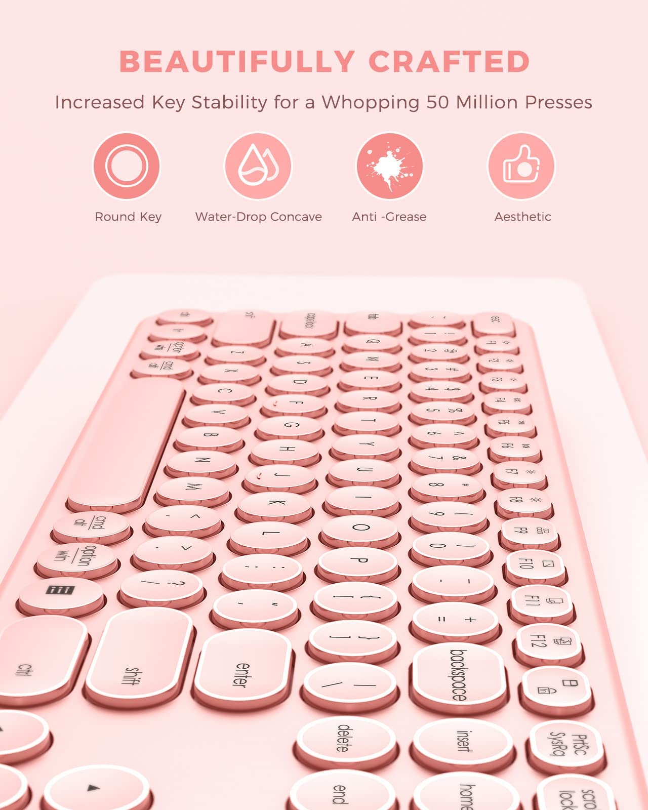 PEIOUS Wireless Keyboard and Mouse Combo, Cute Rose Gold Keyboard with USB and Type C Receiver, Round Keys, Compatible with MacBook, Windows 7/8/10, Laptops (Pink)