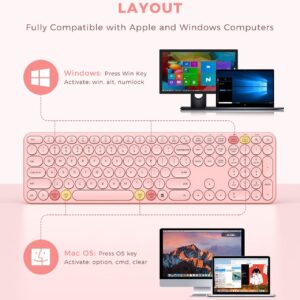 PEIOUS Wireless Keyboard and Mouse Combo, Cute Rose Gold Keyboard with USB and Type C Receiver, Round Keys, Compatible with MacBook, Windows 7/8/10, Laptops (Pink)