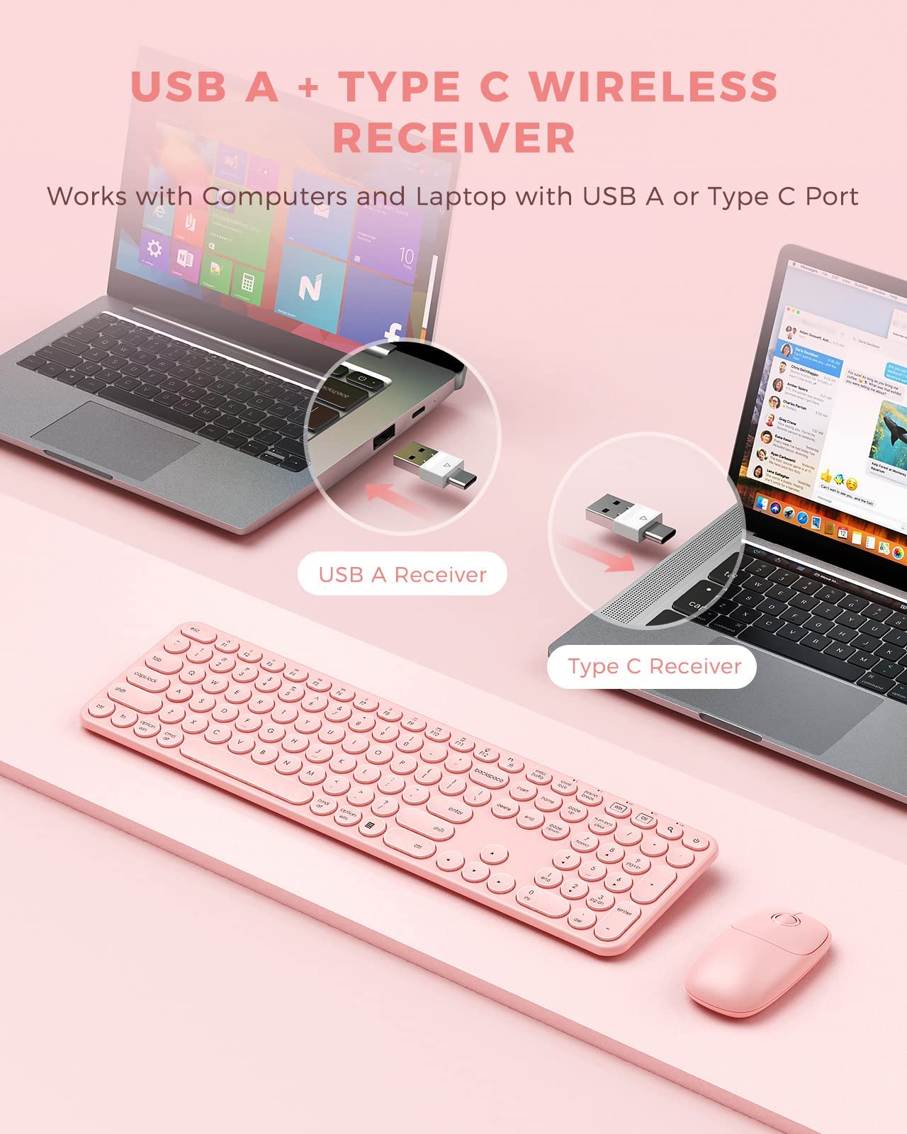 PEIOUS Wireless Keyboard and Mouse Combo, Cute Rose Gold Keyboard with USB and Type C Receiver, Round Keys, Compatible with MacBook, Windows 7/8/10, Laptops (Pink)