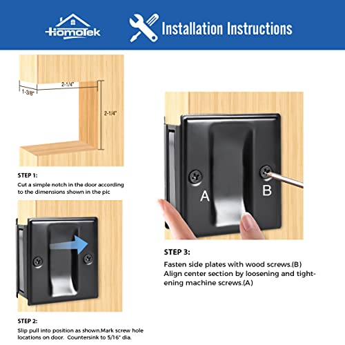 HOMOTEK Privacy Pocket Door Pull Without Switch Plate - Replace Old Or Damaged Passage Sliding Door Pull No Lock Quickly and Easily, 2-3/4”x2-1/2”, for 1-3/8” Thickness Door, Black