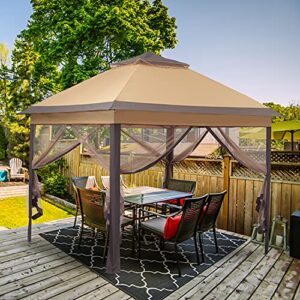 11'x11' patio gazebo 2-tier outdoor pop up canopy tent with netting sidewalls brown