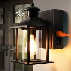 vdkk porch lights fixture with outlet,exterior outdoor house light wall mount with outlet built in,waterproof wall light with 3 motion modes,anti-rust wall lantern for balcony(bulb not included)