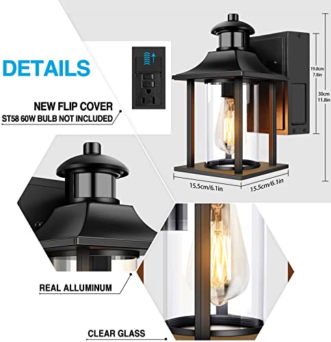 VDKK Porch Lights Fixture with Outlet,Exterior Outdoor House Light Wall Mount with Outlet Built in,Waterproof Wall Light with 3 Motion Modes,Anti-Rust Wall Lantern for Balcony(Bulb NOT Included)