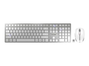 cherry dw 9100 slim wireless keyboard and mouse set combo rechargeable with sx scissor mechanism, silent keystroke quiet typing with thin design for work or home office. (white & silver)