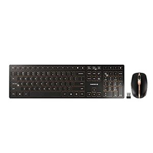 cherry dw 9100 slim wireless keyboard and mouse set combo rechargeable with sx scissor mechanism, silent keystroke quiet typing with thin design for work or home office. (black & bronze)