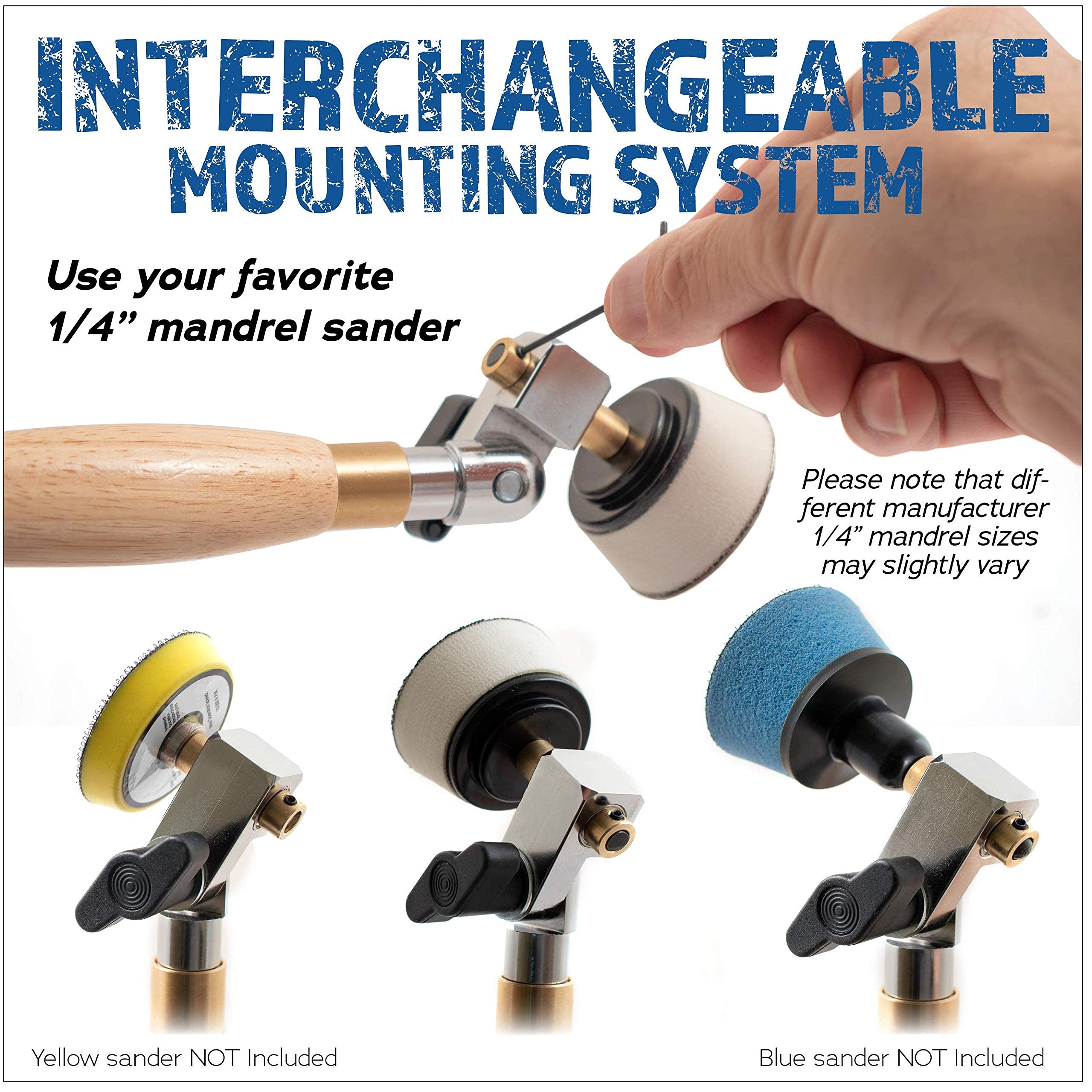 2 inch Diameter Bowl Sander with Dual Bearing Head and 2 inch Foam Hook and Loop Sander with 1/4 inch Mandrel and 9 inch Long Hardwood Handle