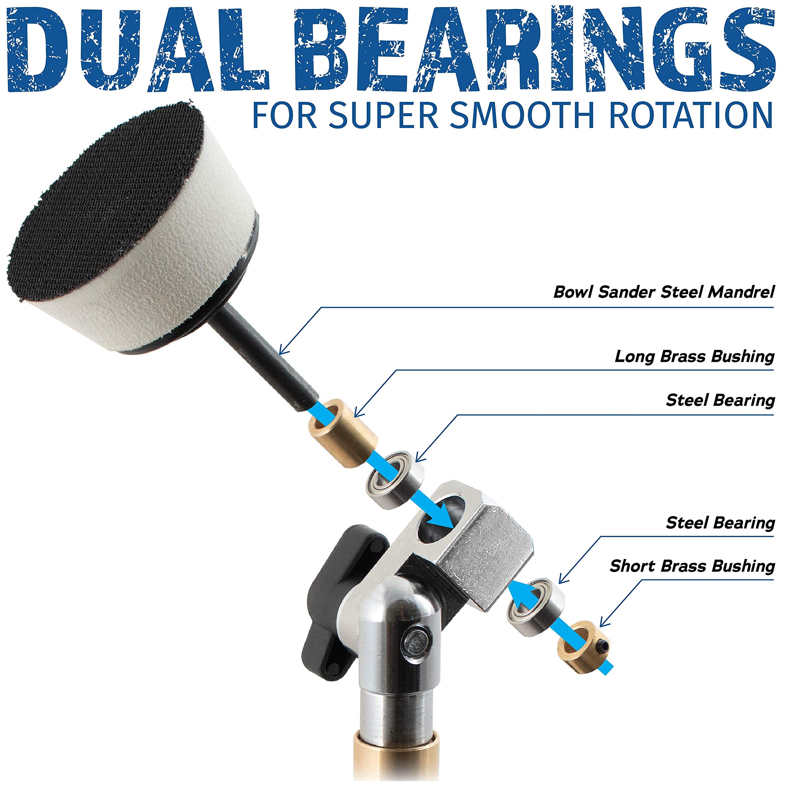 2 inch Diameter Bowl Sander with Dual Bearing Head and 2 inch Foam Hook and Loop Sander with 1/4 inch Mandrel and 9 inch Long Hardwood Handle