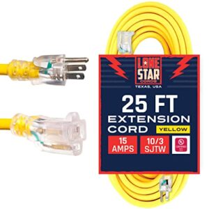 lone star 10 gauge extension cord 25 ft, heavy duty extension cord lighted plug for outside, 10/3 sjtw weatherproof outdoor extension cord 25ft yellow, contractor grade - texas based american business