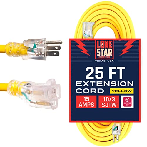 LONE STAR 10 Gauge Extension Cord 25 ft, Heavy Duty Extension Cord Lighted Plug for Outside, 10/3 SJTW Weatherproof Outdoor Extension Cord 25ft Yellow, Contractor Grade - Texas Based American Business