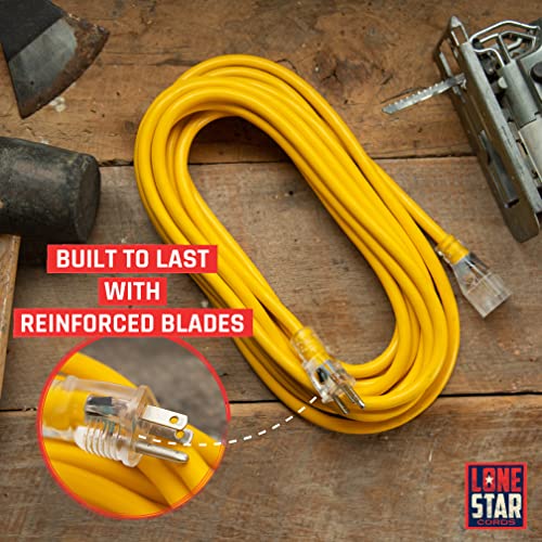 LONE STAR 10 Gauge Extension Cord 25 ft, Heavy Duty Extension Cord Lighted Plug for Outside, 10/3 SJTW Weatherproof Outdoor Extension Cord 25ft Yellow, Contractor Grade - Texas Based American Business