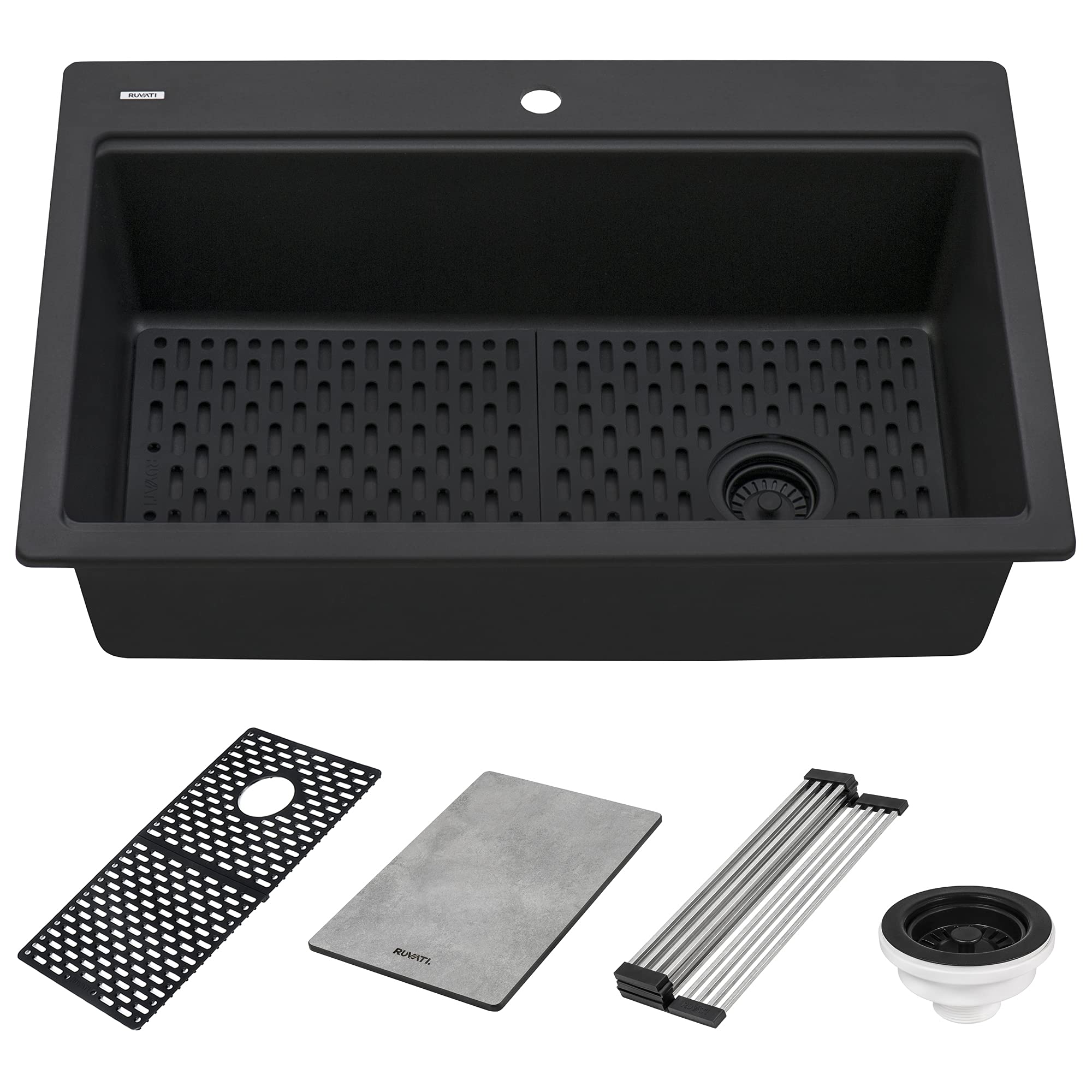 Ruvati 33-inch Workstation Granite Composite Matte Black Drop-in Topmount Kitchen Sink - RVG1302BK