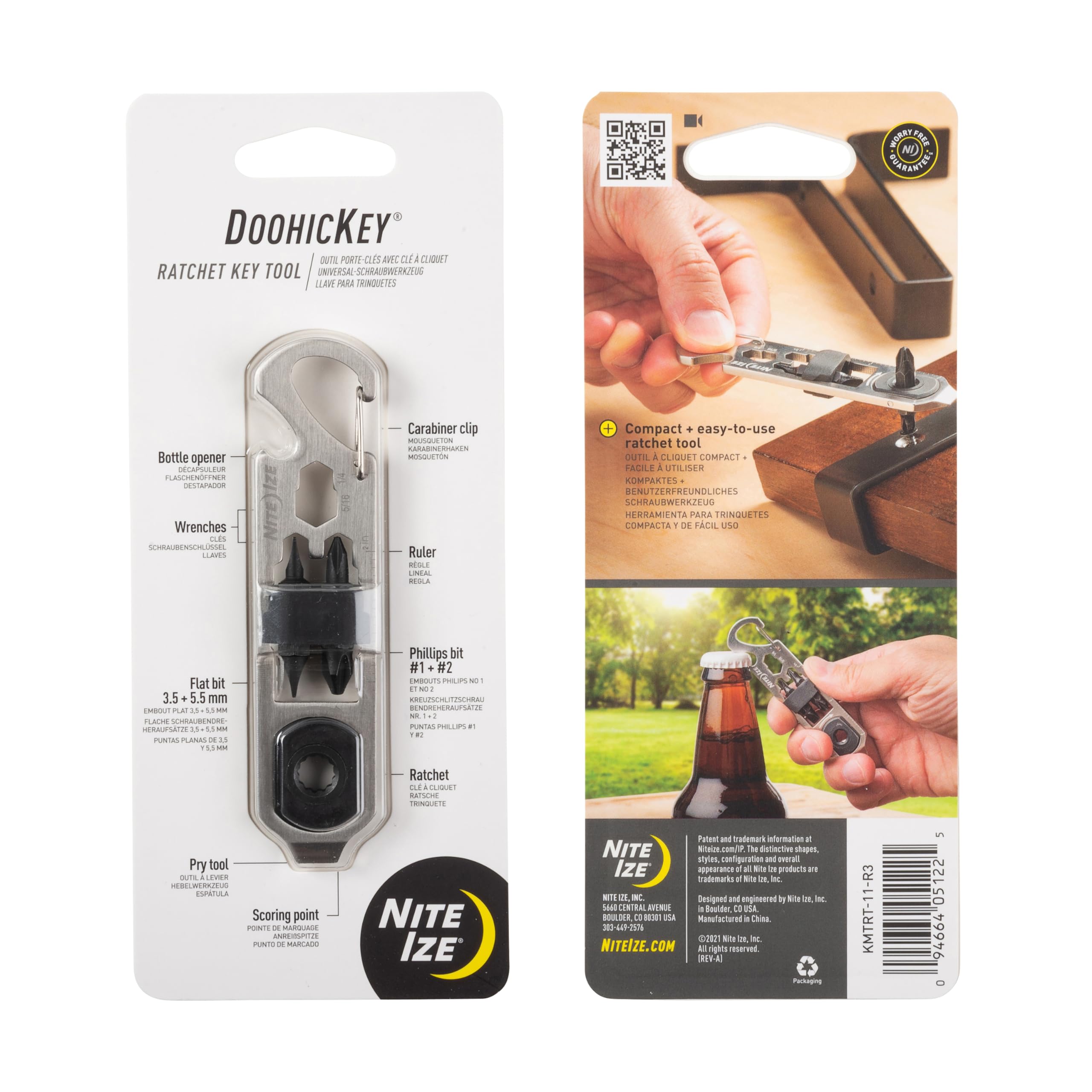 Nite Ize KMTRT-11-R3 DoohicKey, Ratchet with Flathead and Phillips Bits, 6-in-1 Multitool with Bottle Opener and More Key Tool, Stainless