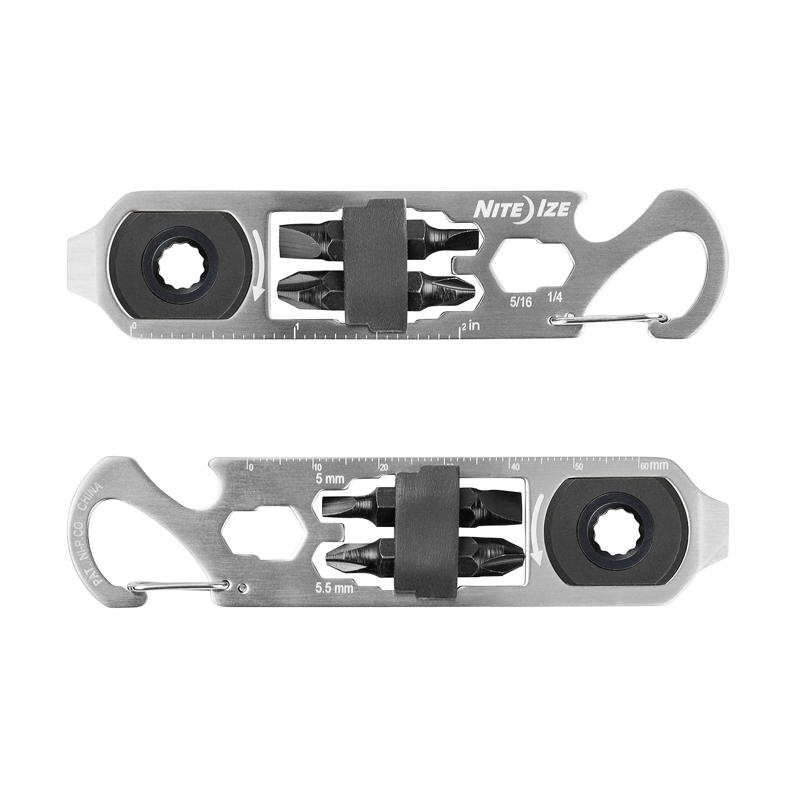 Nite Ize KMTRT-11-R3 DoohicKey, Ratchet with Flathead and Phillips Bits, 6-in-1 Multitool with Bottle Opener and More Key Tool, Stainless