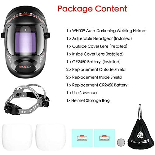 TEKWARE Large Viewing True Color Solar Powered Auto Darkening Welding Helmet, Hemispherical 4C lense, 4 Arc Sensor Wide Shade Range 4/5-9/9-13 Welder Mask for Mig Tig Arc Grinding Plasma, Black