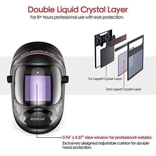 TEKWARE Large Viewing True Color Solar Powered Auto Darkening Welding Helmet, Hemispherical 4C lense, 4 Arc Sensor Wide Shade Range 4/5-9/9-13 Welder Mask for Mig Tig Arc Grinding Plasma, Black