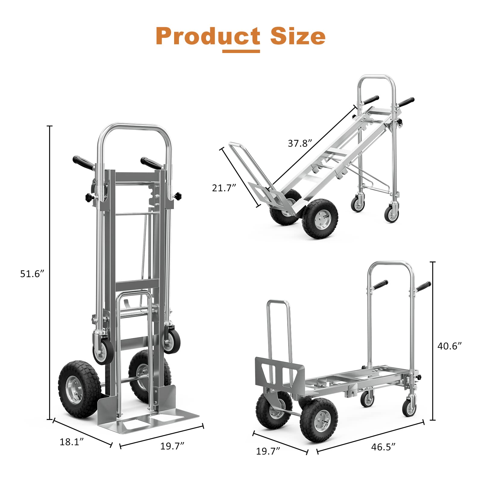 Oarlike Hand Truck,3 in 1 Convertible Dolly Cart, 770 LBS Capacity Folding Hand Truck 2 Wheel Dolly 4 Wheel Cart Assisted Hand Truck with 10" Pneumatic Wheel