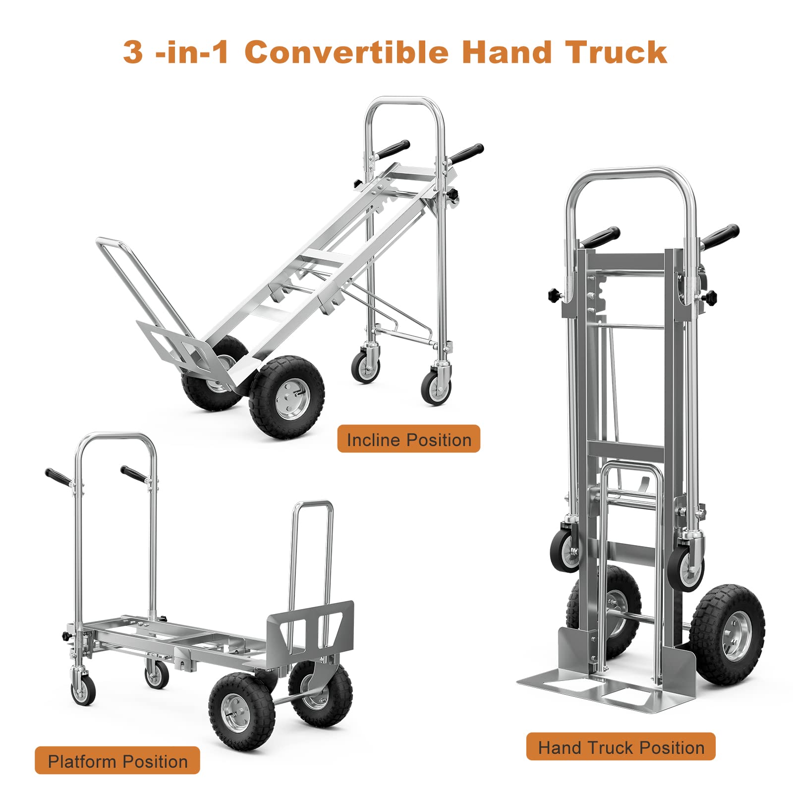 Oarlike Hand Truck,3 in 1 Convertible Dolly Cart, 770 LBS Capacity Folding Hand Truck 2 Wheel Dolly 4 Wheel Cart Assisted Hand Truck with 10" Pneumatic Wheel