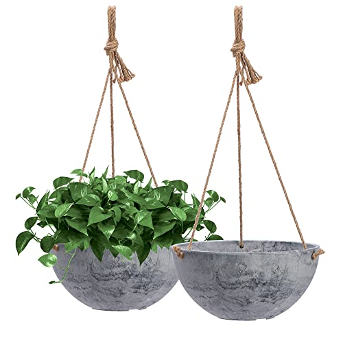 VIVOSUN 2 PCS Hanging Planters, 10 Inch Flower Pots with Drainage Holes, Indoor and Outdoor Hanging Basket, Marble Pattern