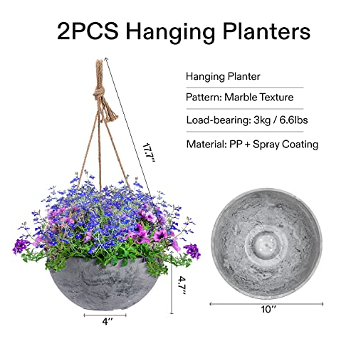 VIVOSUN 2 PCS Hanging Planters, 10 Inch Flower Pots with Drainage Holes, Indoor and Outdoor Hanging Basket, Marble Pattern