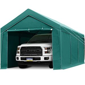 finfree 10 x 20 ft heavy duty carport with removable sidewalls and doors，car cnopy with 4 sandbags, garage shelter for outdoor party, birthday, garden, boat, green