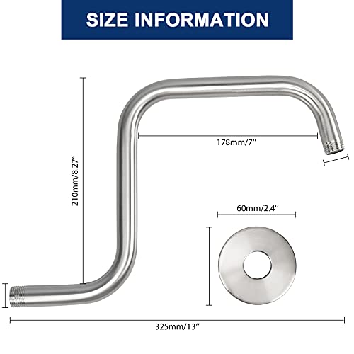 NearMoon S Shape Shower Extension Arm with Flange, Stainless Steel High Rise Shower Head Extender Pipe, Horizontal Extension Standard 1/2" Connection- Bathroom Accessory, 13 Inch (Brushed Nickel)