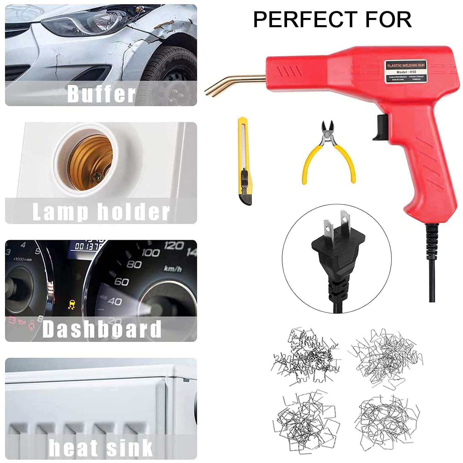 50w Hot Stapler,Plastic Welding Machine Car Bumper Repair Kit with Plier, knife,Flat/Outside Corner/Inside Corner/Wave Staples Welding Repairing Machine Welder Gun Repair (Red)