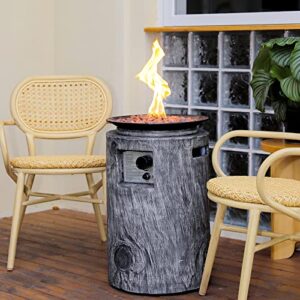 bluu round propane fire pit portable gas fire pits for outside with lava rocks, faux wood fire column safe csa smokeless firepit great for party on patio, backyard & balcony with tank cover