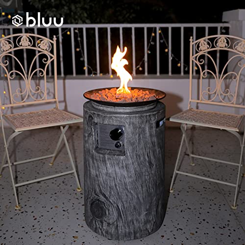 Bluu Round Propane Fire Pit Portable Gas Fire Pits for Outside with Lava Rocks, Faux Wood Fire Column Safe CSA Smokeless Firepit Great for Party on Patio, Backyard & Balcony with Tank Cover