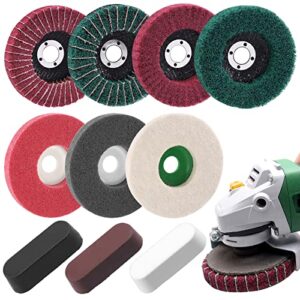 mardatt 17 pcs 4'' polishing buffering wheels assorted set with compound includes 14 pcs wool & nylon fiber sanding flap discs and 3pcs black, brown & green compounds for angle grinder