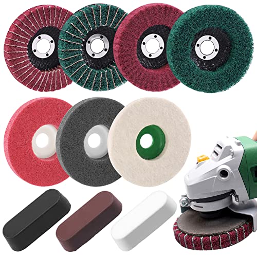 Mardatt 17 Pcs 4'' Polishing Buffering Wheels Assorted Set with Compound Includes 14 Pcs Wool & Nylon Fiber Sanding Flap Discs and 3Pcs Black, Brown & Green Compounds for Angle Grinder