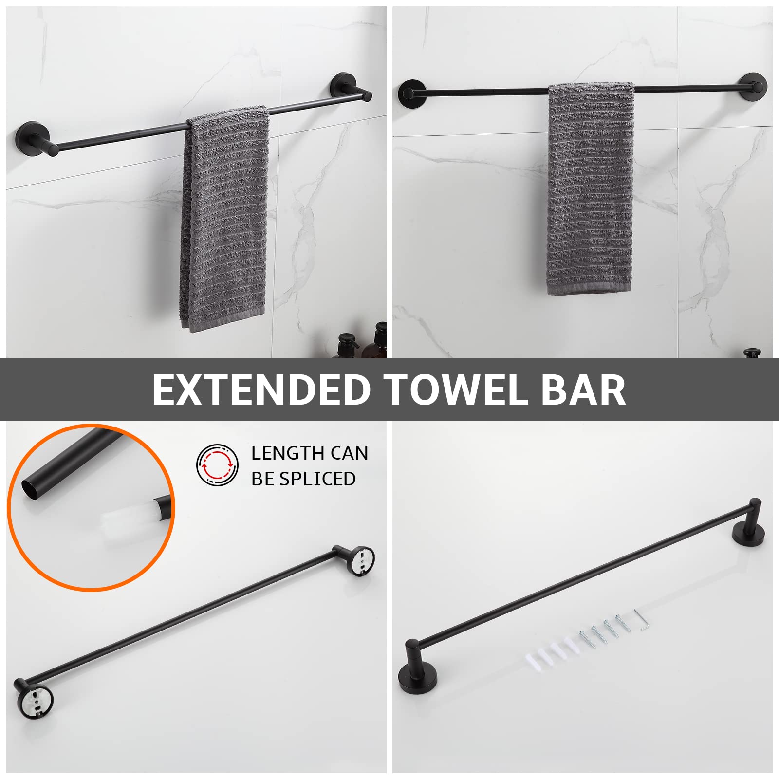 BGL Bathroom Hardware Set Matte Black 4-Pieces Bathroom Towel Rack 24 Inches Adjustable Bathroom Accessories Set