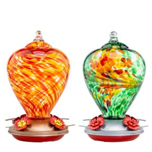 muse garden hummingbird feeder for outdoors 2 pack, hand blown glass, 34 ounces, containing ant moat, daylight and peacock