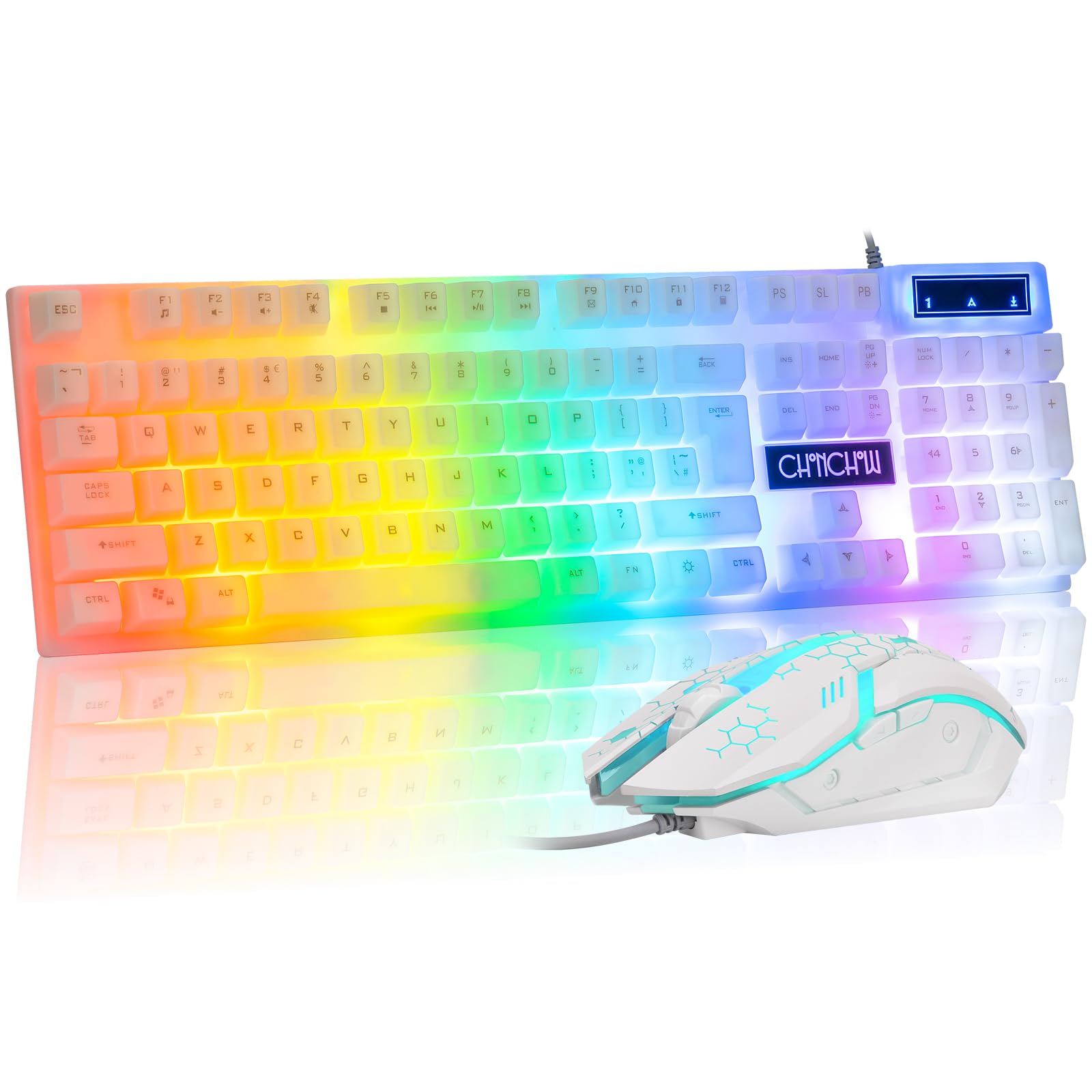 CHONCHOW LED Keyboard and Mouse, 104 Keys Rainbow Backlit Keyboard and 7 Color RGB Mouse, White Gaming Keyboard and Mouse Combo for PC Laptop Xbox PS4 Gamers and Work