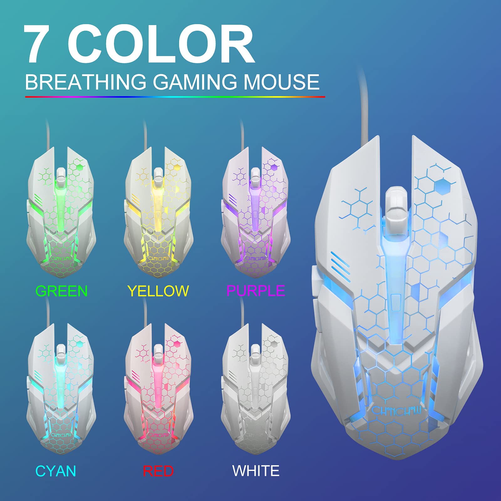 CHONCHOW LED Keyboard and Mouse, 104 Keys Rainbow Backlit Keyboard and 7 Color RGB Mouse, White Gaming Keyboard and Mouse Combo for PC Laptop Xbox PS4 Gamers and Work
