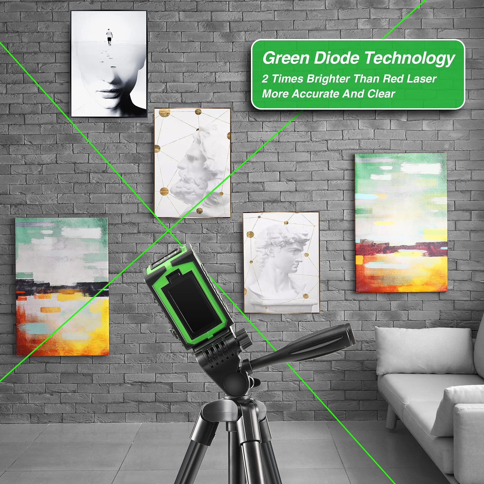 Laser Level with Tripod, 50 ft Laser Leveler Tool Laser Level Green Cross Line Self Leveling, Separate Control 2 Lines, Laser Level for Picture Hanging Construction DIY Light Duty Indoor Project