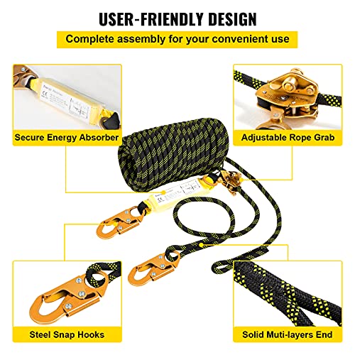 VEVOR Climbing Rope, Fall Protection Safety Rope, 25 50 100 150ft Vertical Tree Stand safety Rope Line Kit Safety Harness for Roofing Work with Alloy Steel Rope Grab, Two Snap Hooks, Shock Absorber
