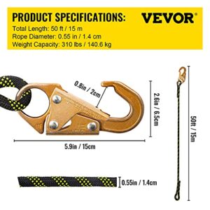 VEVOR Climbing Rope, Fall Protection Safety Rope, 25 50 100 150ft Vertical Tree Stand safety Rope Line Kit Safety Harness for Roofing Work with Alloy Steel Rope Grab, Two Snap Hooks, Shock Absorber