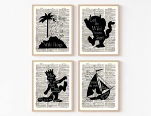 wild things - decor - 4 piece set - dictionary art print quotes and sayings print - unframed 8 x 10 inches