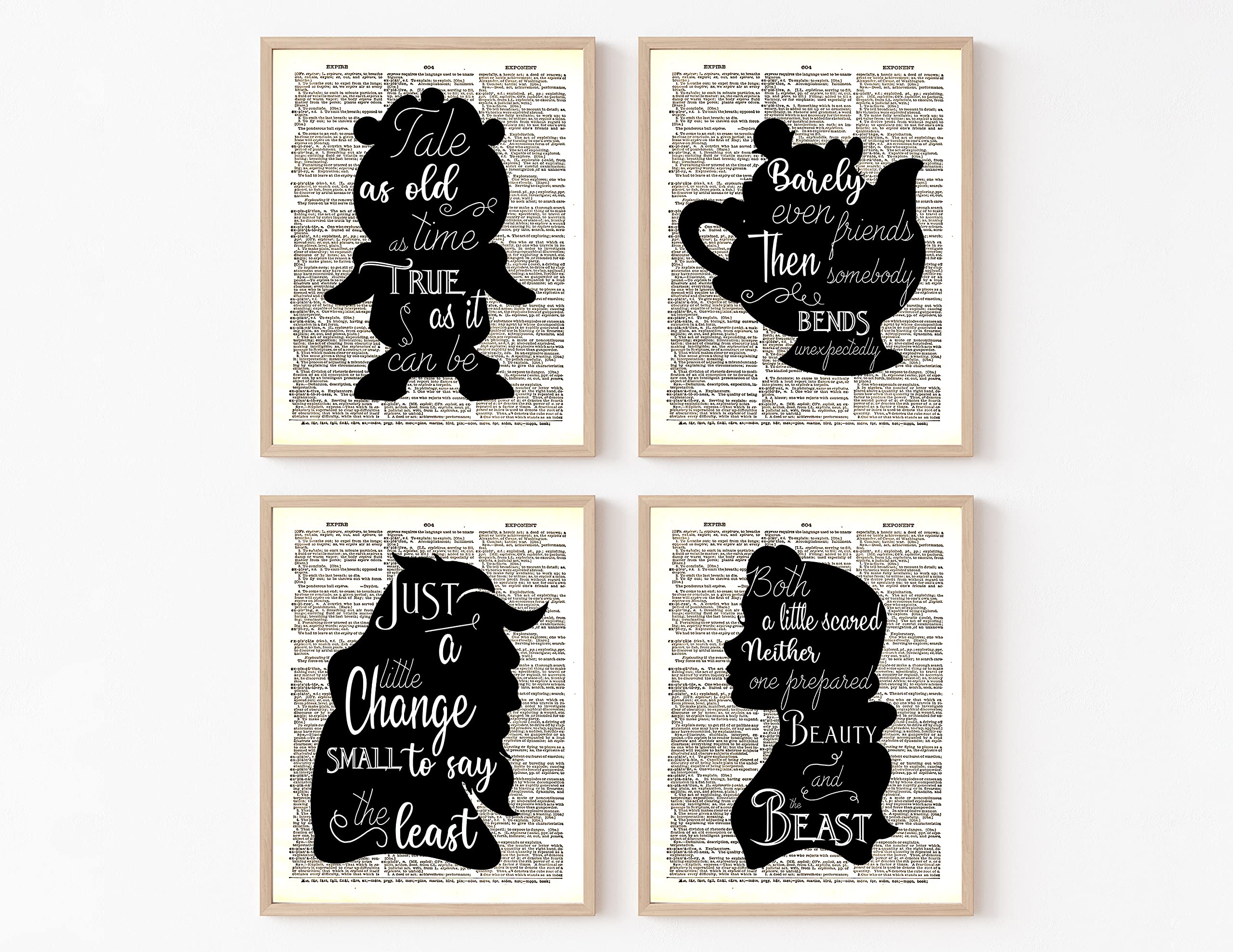 Beauty and the Beast - Cogsworth Decor - 4 piece set - Belle Quote - Dictionary Art Print Quotes and Sayings Print - UNFRAMED 8 X 10 inches