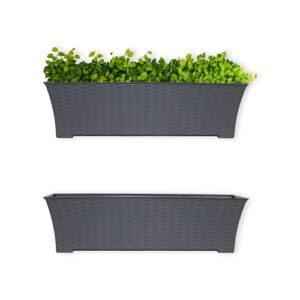 Elly Décor Set of 2 24x8 Rectangular Modern, Resistant and Self Watering Planter with Rattan-Like Finish, 24", Gray