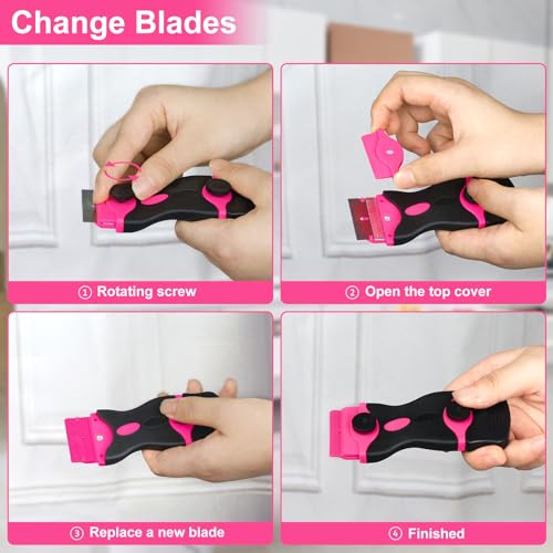 THINKWORK Razor Blade Scraper - Pink Razor Scraper Gift for Women, 2-in-1 Scraper Tool Set with 20Pcs Razor Blades for Removing Window Labels, Decals, Stickers, Glass Stove Top (2 Pack)