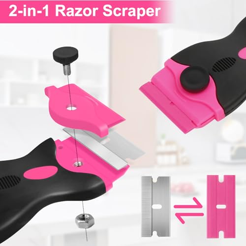 THINKWORK Razor Blade Scraper - Pink Razor Scraper Gift for Women, 2-in-1 Scraper Tool Set with 20Pcs Razor Blades for Removing Window Labels, Decals, Stickers, Glass Stove Top (2 Pack)